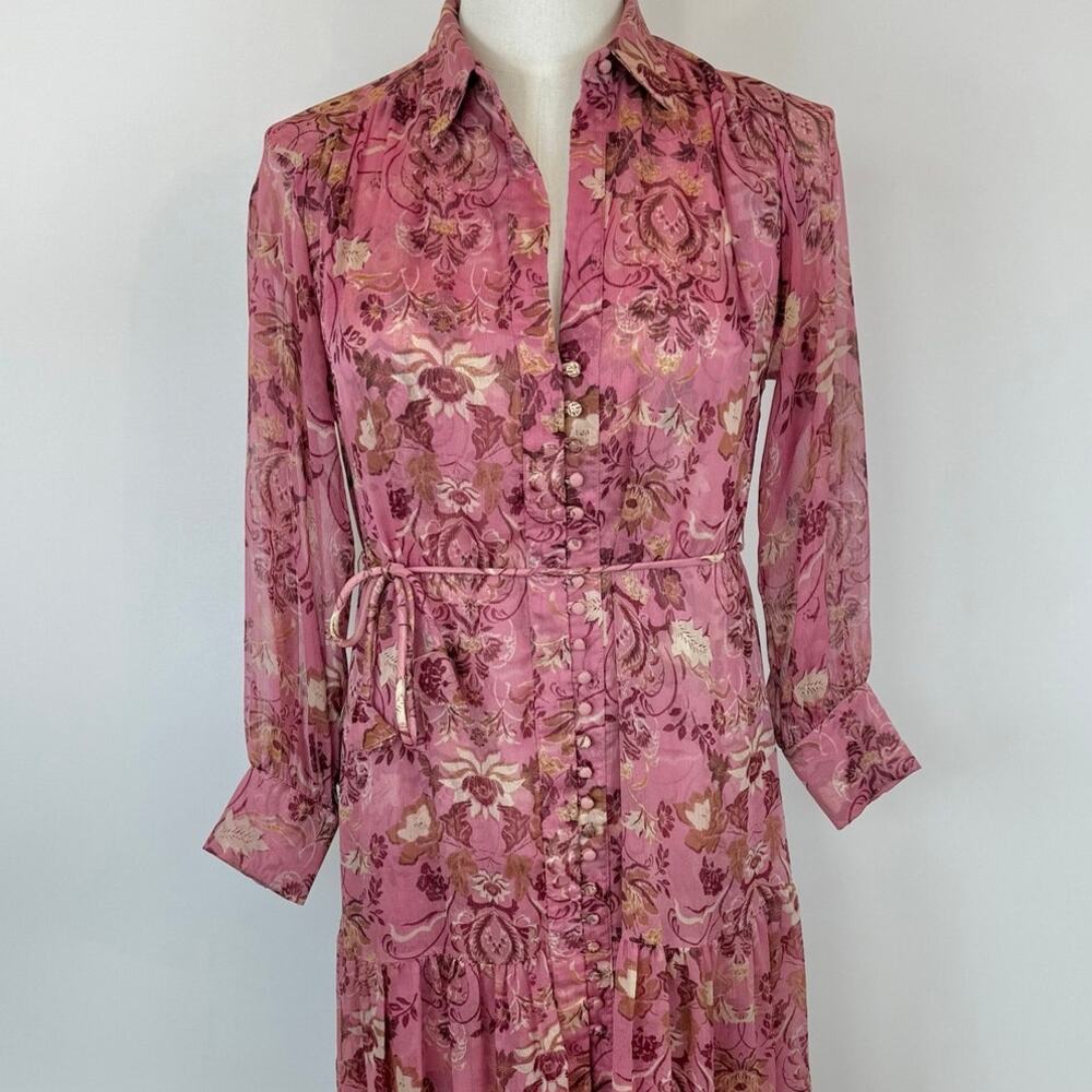 MISA Los Angeles Sheer Chiffon Maxi Dress Button-Down XS Pink/Brown - Picture 2 of 10